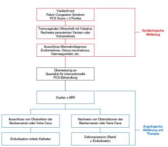 Abb. 9. Flowchart der interdisziplinären Abklärung und Therapie bei PCS durch die Spezialisten der Gynäkologie und Angi-ologie.