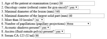 Abb. 5. Beispiel einer Online-Risikokalkulation mittels IOTA ADNEX risk model (https://www.iotagroup.org/iota-models-software/adnex-risk-model)
