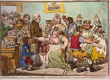 Abb. 3. Bereits 1802 (!) Gegnerschaft gegen Edward Jenners Impfstoff von Kühen (vacca [lat.] die Kuh). Menschen werden zu halben Kühen (Euter etc.) nach der Impfung!