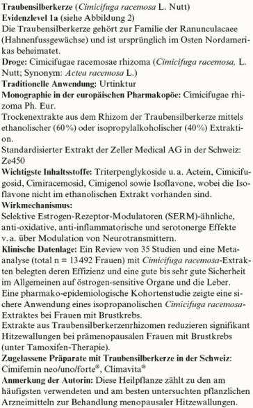 Tabelle 1. Detaillierter Einblick in die Phytotherapie am Beispiel der Traubensilberkerze