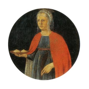 Die heilige Agatha trägt ihre abgetrennten Brüste auf einer Platte, von Piero della Francesca (ca. 1460–1470)