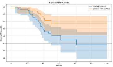 Abb. 5. Kaplan-Meier-Überlebenskurven für das Gesamtüberleben (Overall Survival, OS) und das krankheitsfreie Überleben (Disease-Free Survival, DFS) (95%-Konfidenzintervall, KI). KI = Konfidenzintervall.