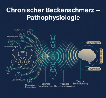 Abb. 3. Die drei Achsen der Entstehung von CPP: 1) periphere (viszerale und somatische) Schmerzgeneratoren; 2) Sensibilisierung des Zentralnervensystems sowie neuro-immun-endokrine Modulation; 3) alle diese Aspekte werden von biopsychosozialen Faktoren über­lagert